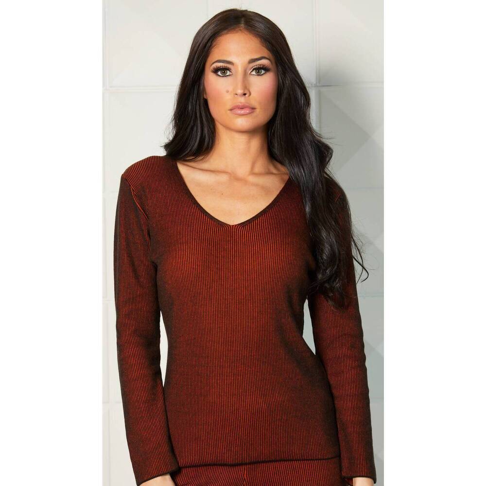 NEW ANGEL APPAREL two tone ribbed v-neck top in copper